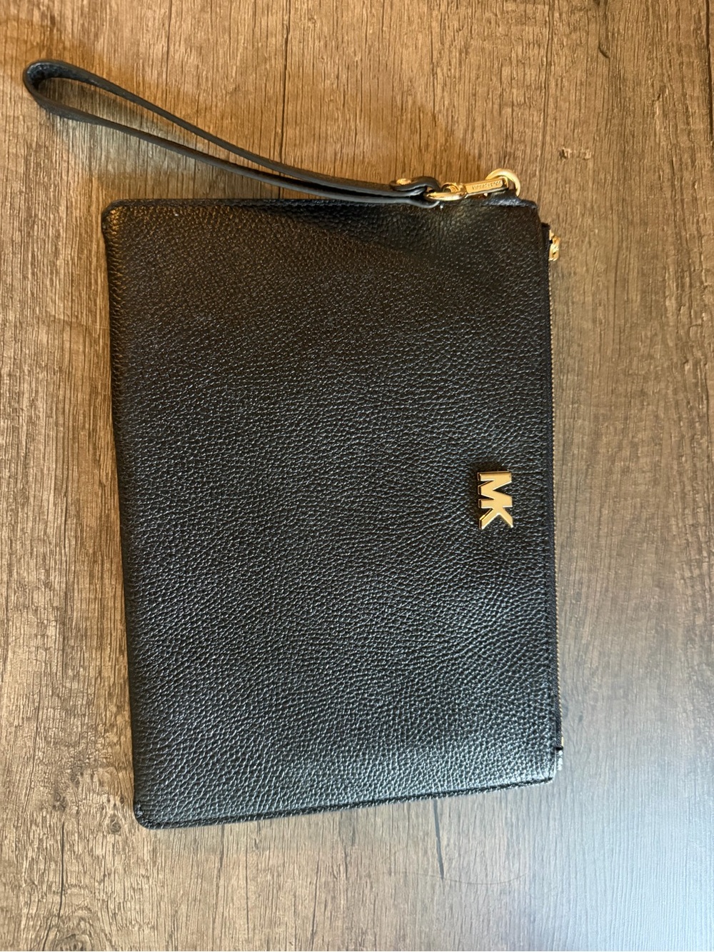 Michael Kors Black Pebbled Leather Wristlet Clutch with Gold MK Accent